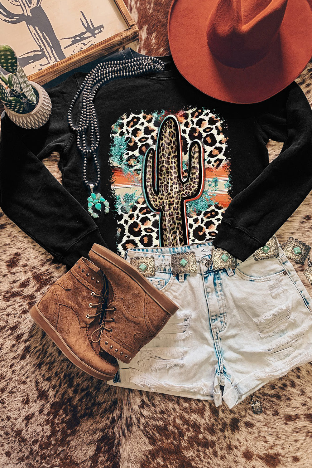 Black Cactus Leopard Graphic Print Long Sleeve Sweatshirt