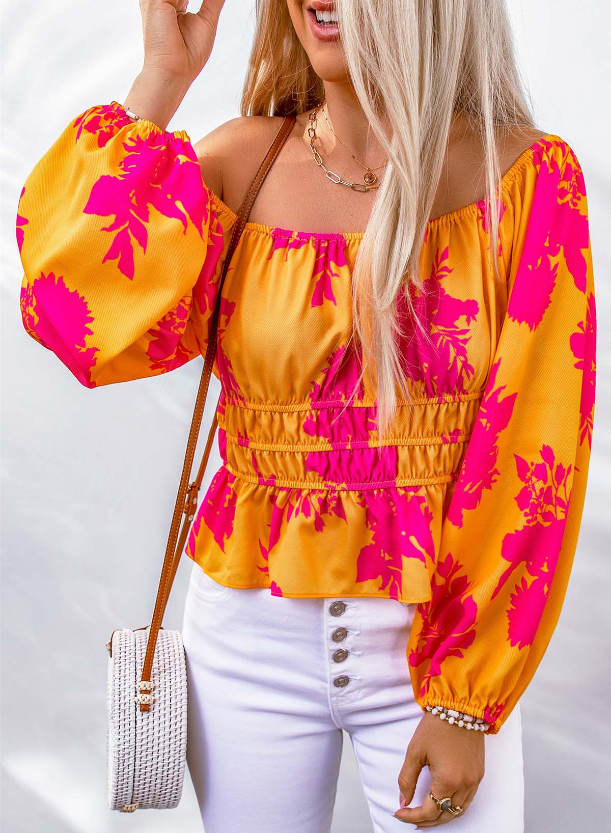Yellow Floral Print Off Shoulder Puff Sleeve Blouse