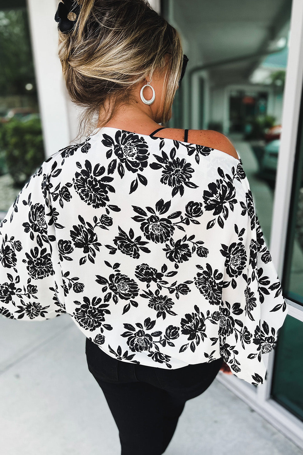 White Opposites Attract Boat Neck Floral Dolman Sleeve Top