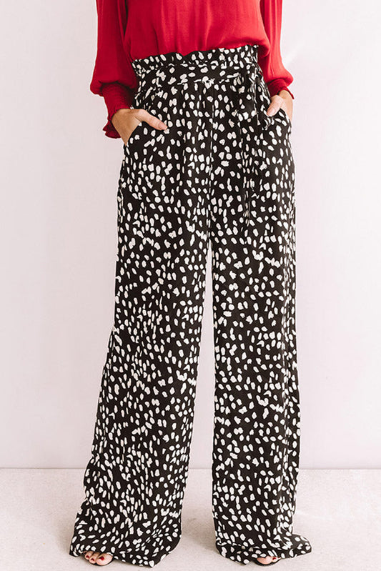 Black Polka Dot Drawstring High Waist Wide Leg Pants