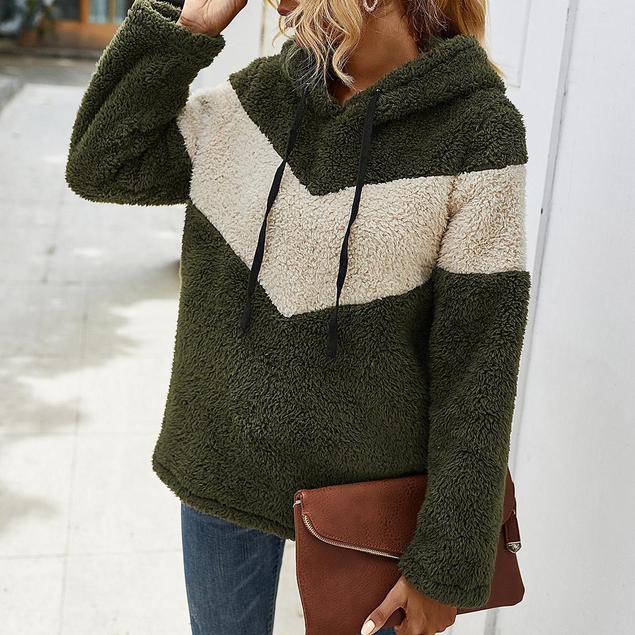 Autumn and winter hooded thickening color blocking sweater