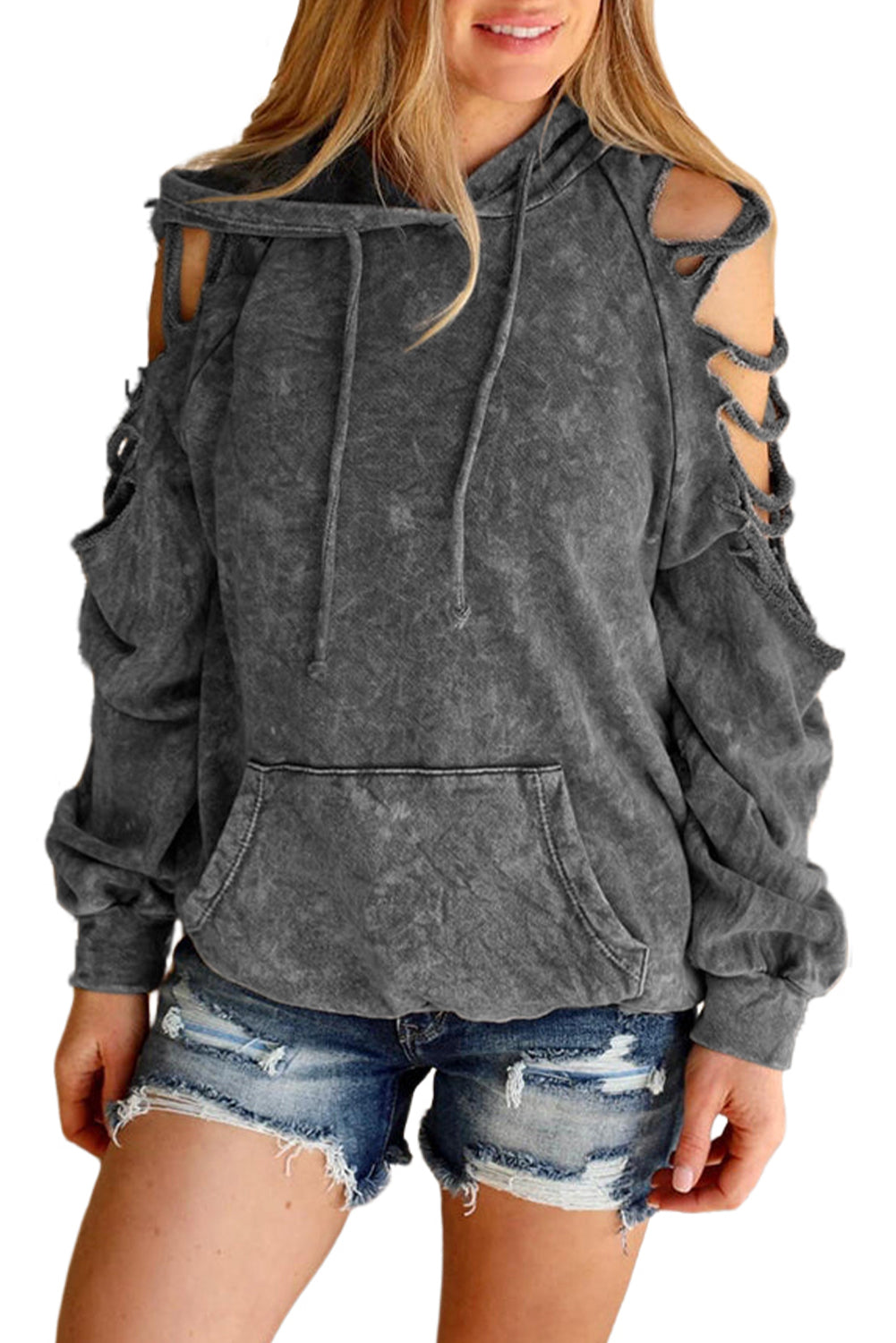Cut Out Retro Kangaroo Pocketed Pullover Hoodie