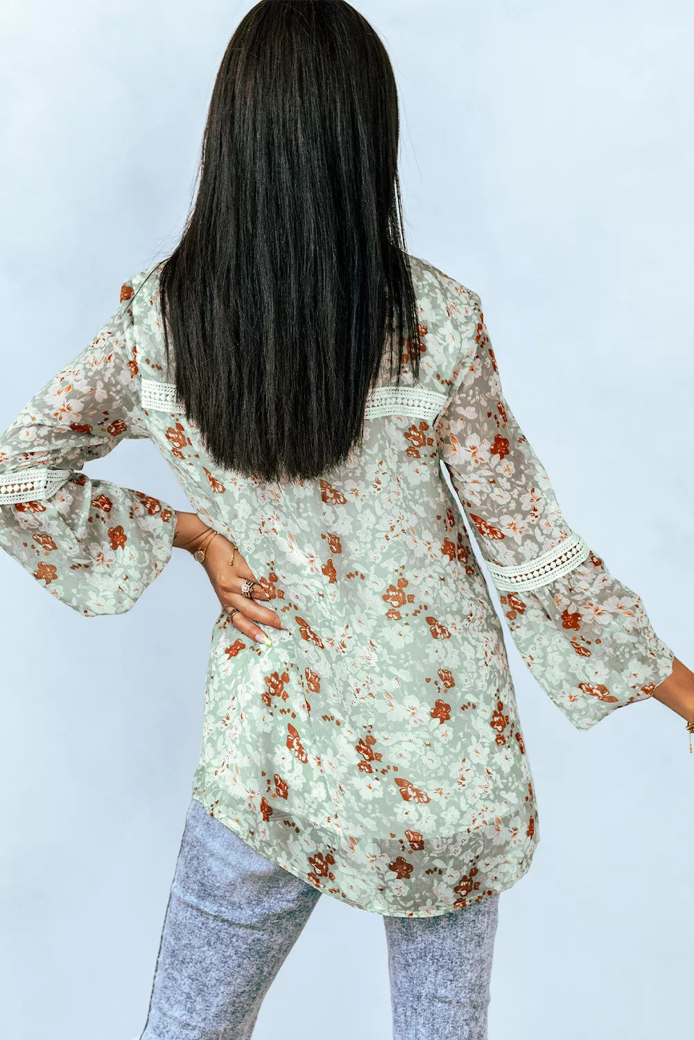 Floral Print Lace Crochet Trim Blouse