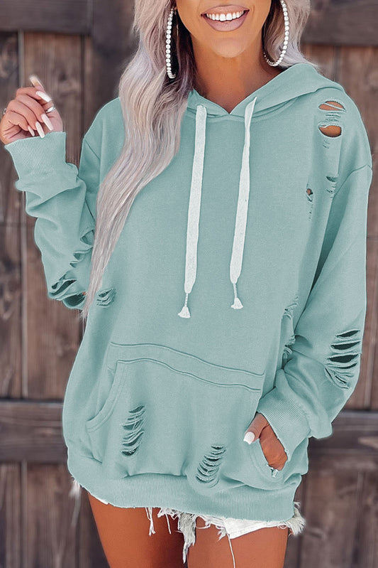 Solid Ripped Hooded Sweatshirt with Kangaroo Pocket