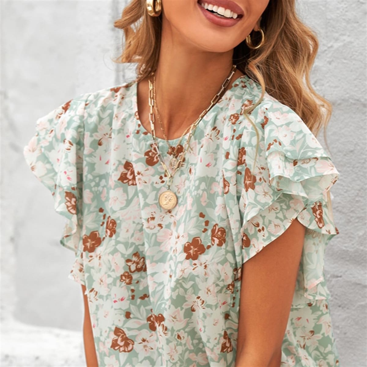 Floral Ruffle Crew Neck Short Sleeve Top