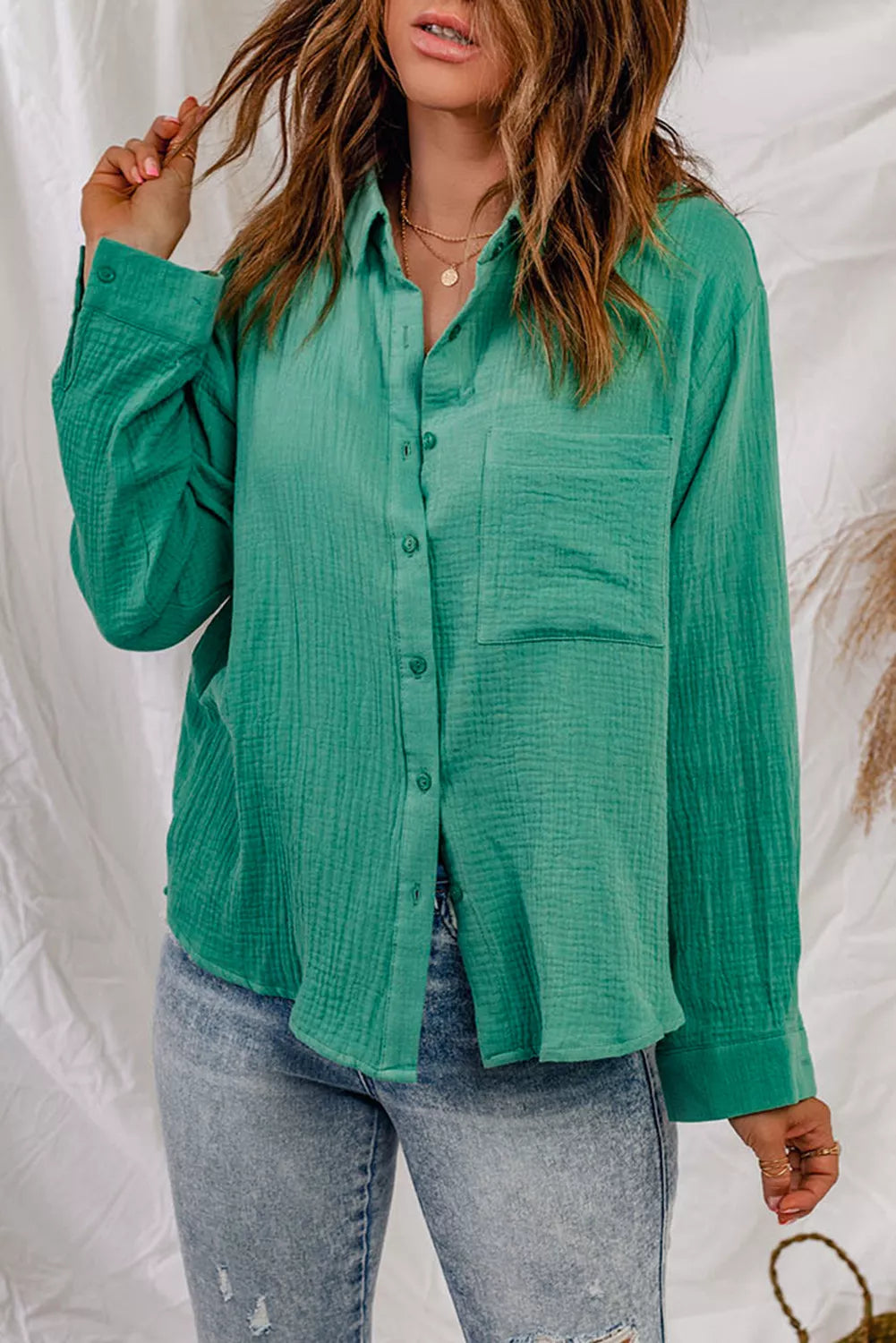 Green Textured Buttons Long Sleeve Shirt with Pocket