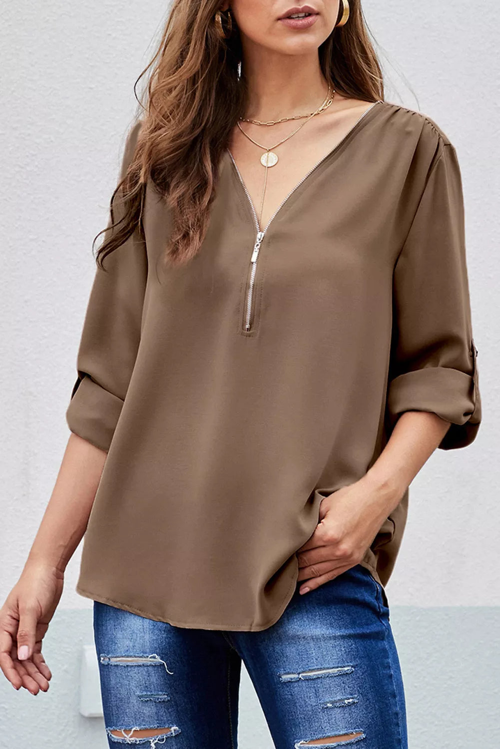 Casual V Neck Zip up Half Sleeve Blouse