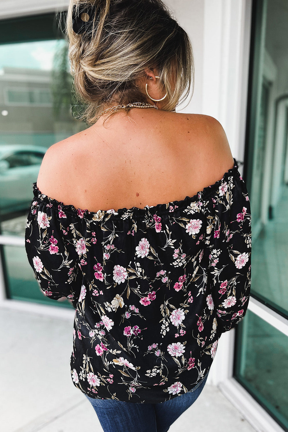 Black Floral Off Shoulder Plus Size Top