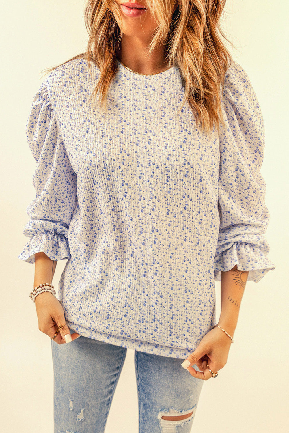 Floral Print Ruffles Puff Sleeve Blouse