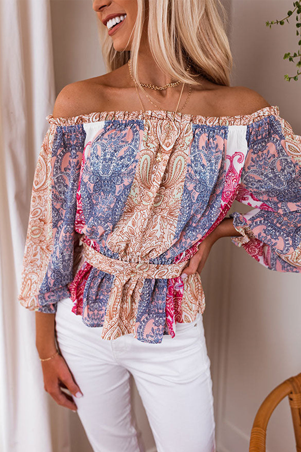 Bohemian Floral Print Off Shoulder Blouse