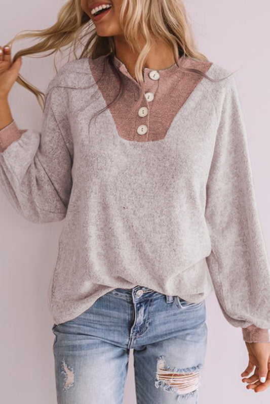 Pink Button Contrast Puff Sleeve Blouse