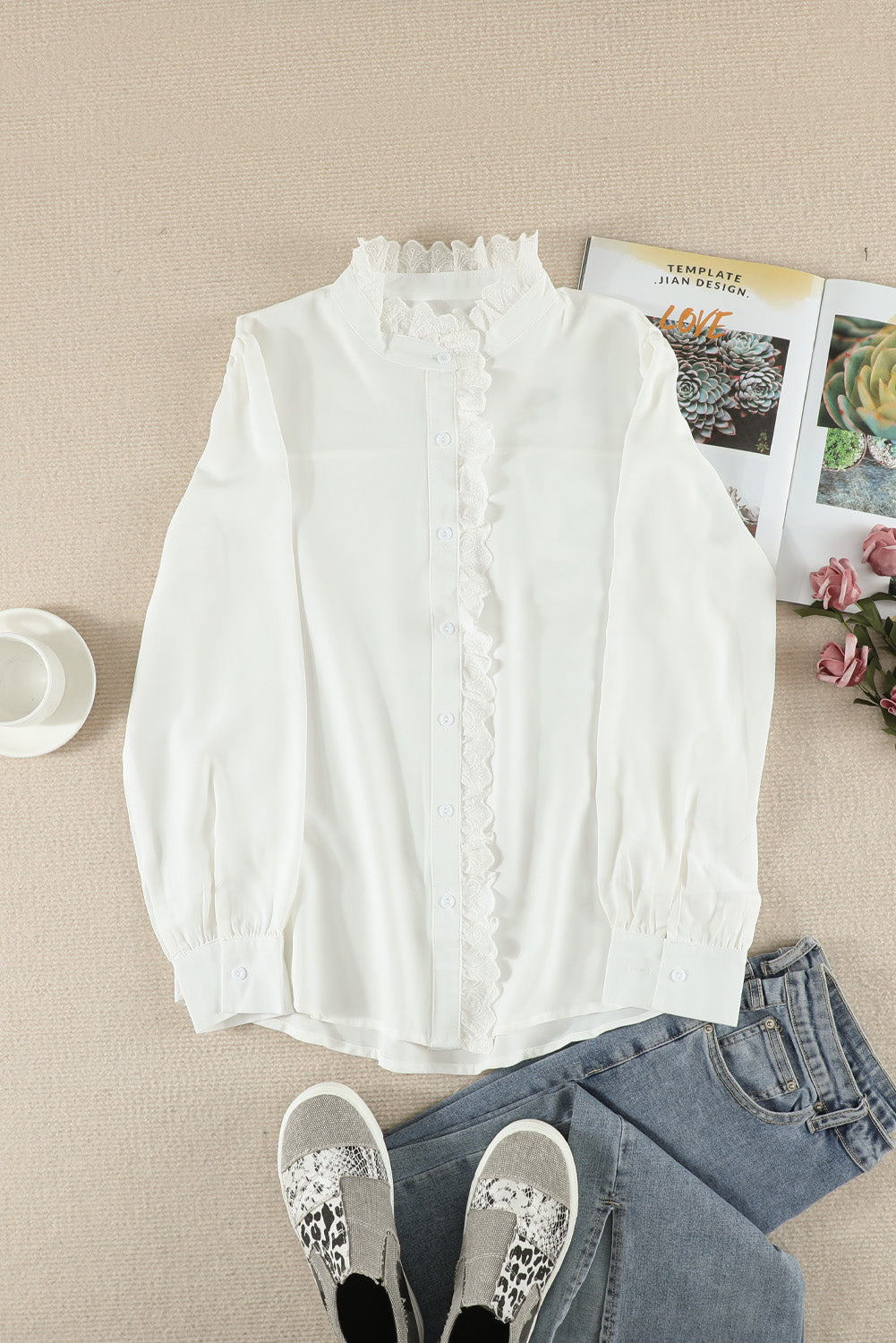 Solid Color Lace Frilled Trims Long Sleeve Shirt