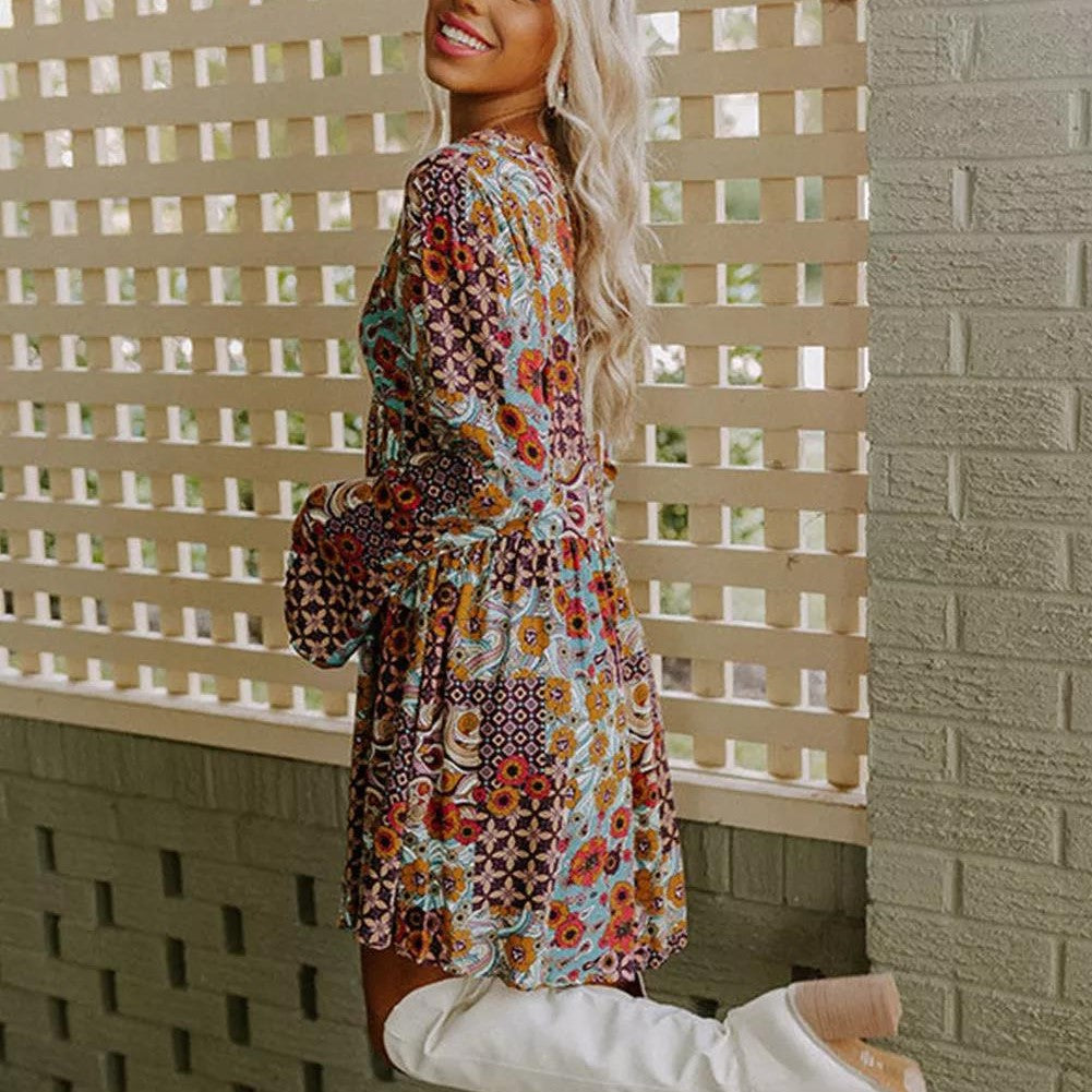 Sky Blue Floral V Neck Empire Waist Babydoll Dress