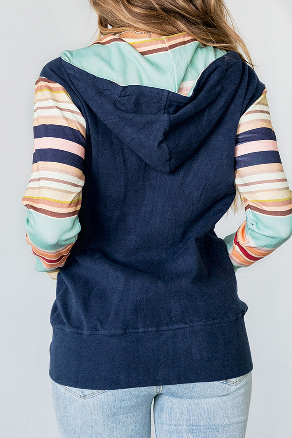 Striped Color Block Thumbhole Sleeve Full Zip Hoodie