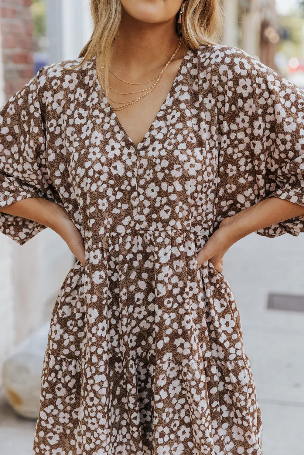 V Neck Daisy Print Empire Waist Mini Dress