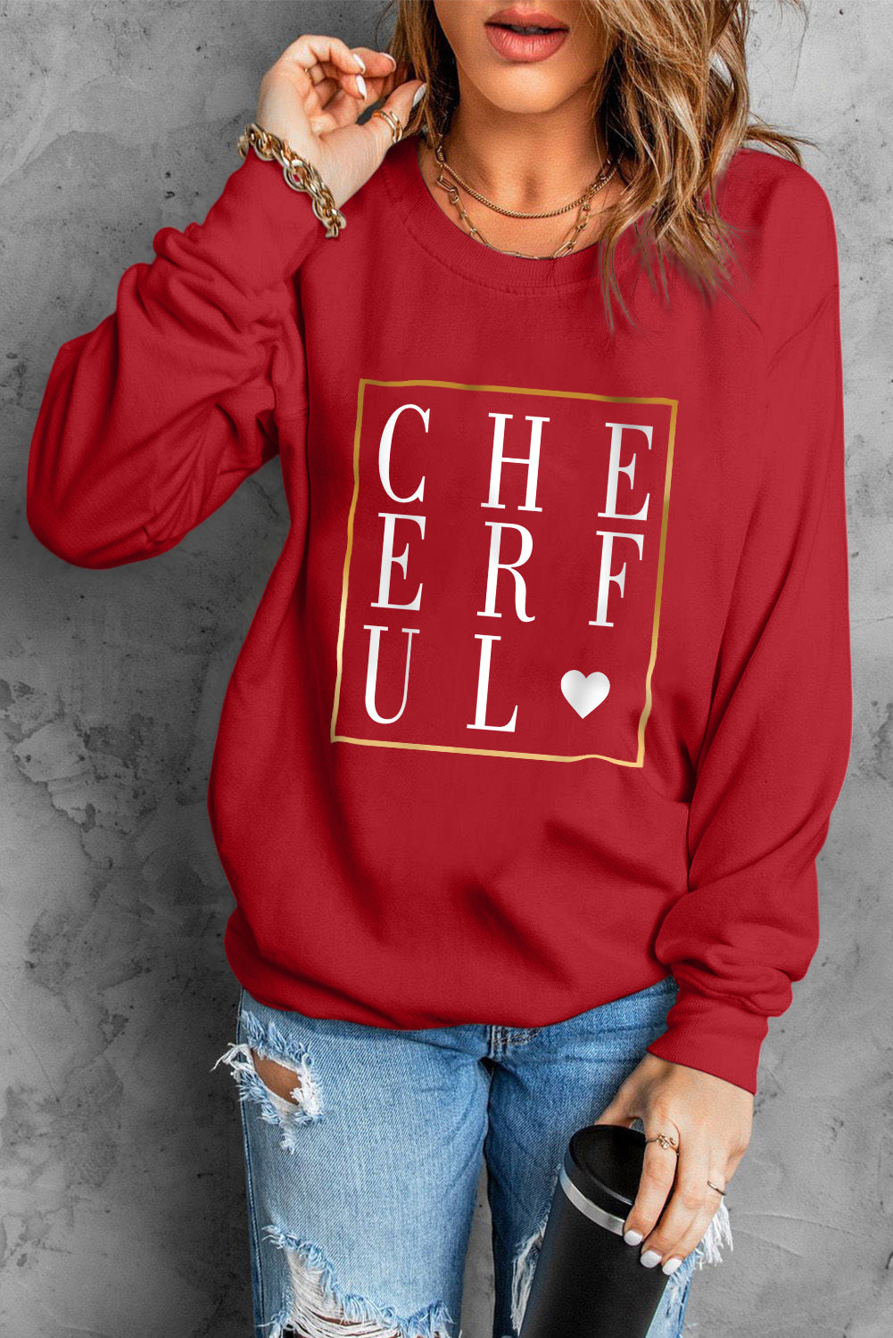 Red CHEERFUL Glitter Graphic Print Pullover Sweatshirt