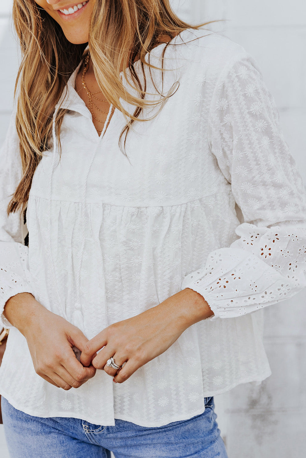 Embroidery Drawstring V Neck Long Sleeve Top