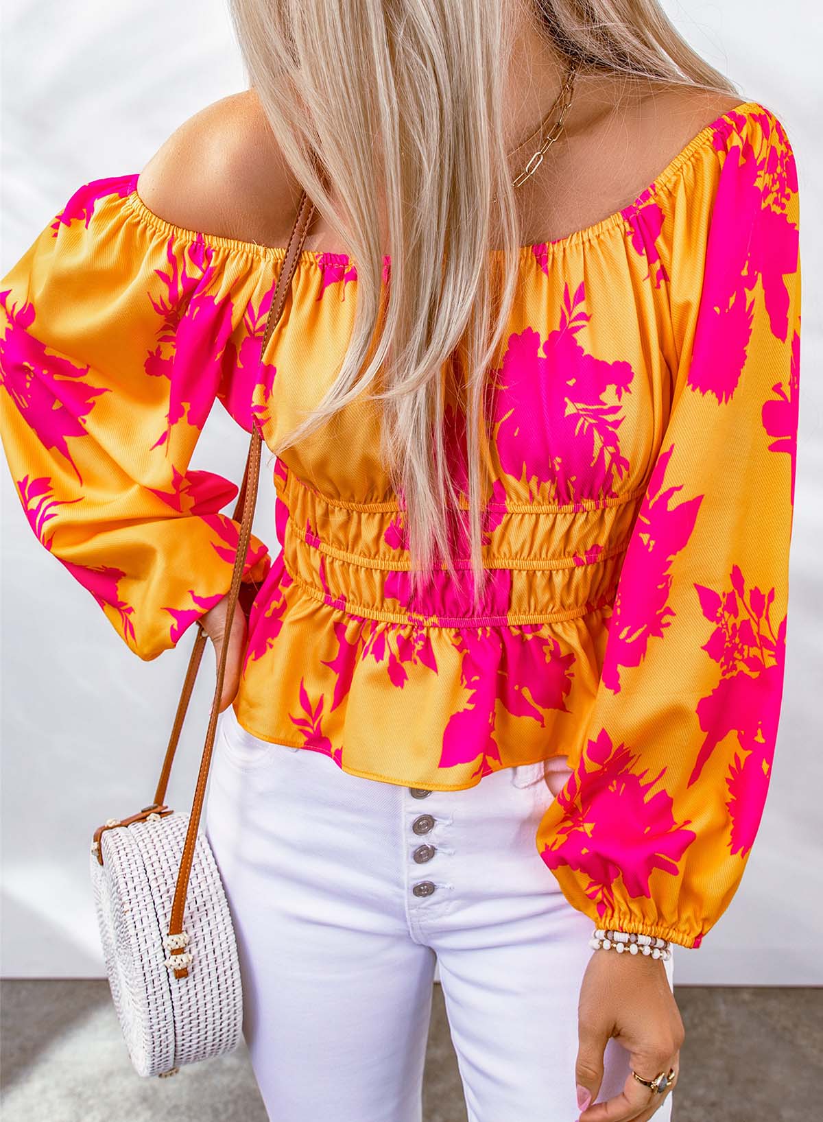 Yellow Floral Print Off Shoulder Puff Sleeve Blouse