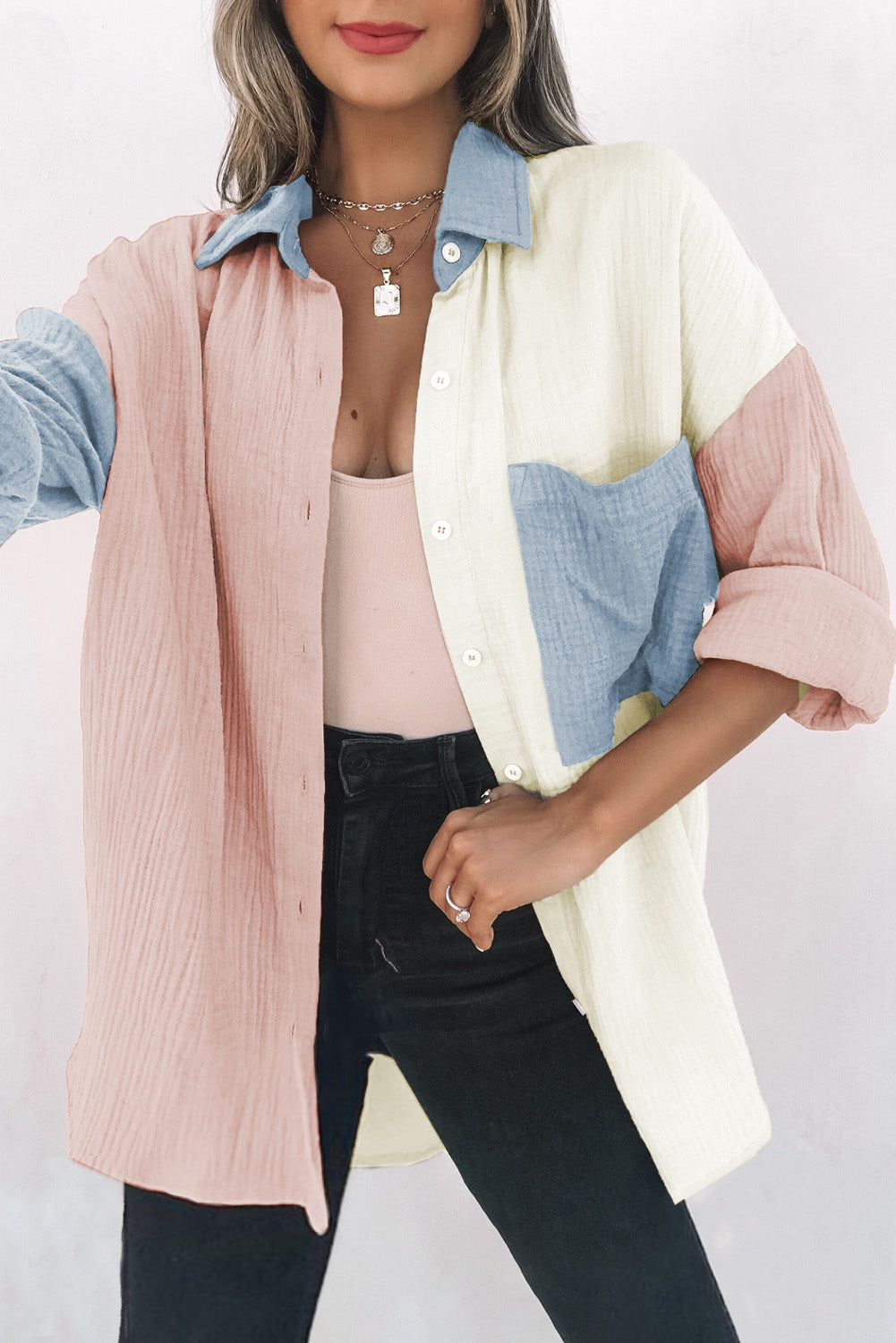 Colorblock Crinkled Pocketed Shirt