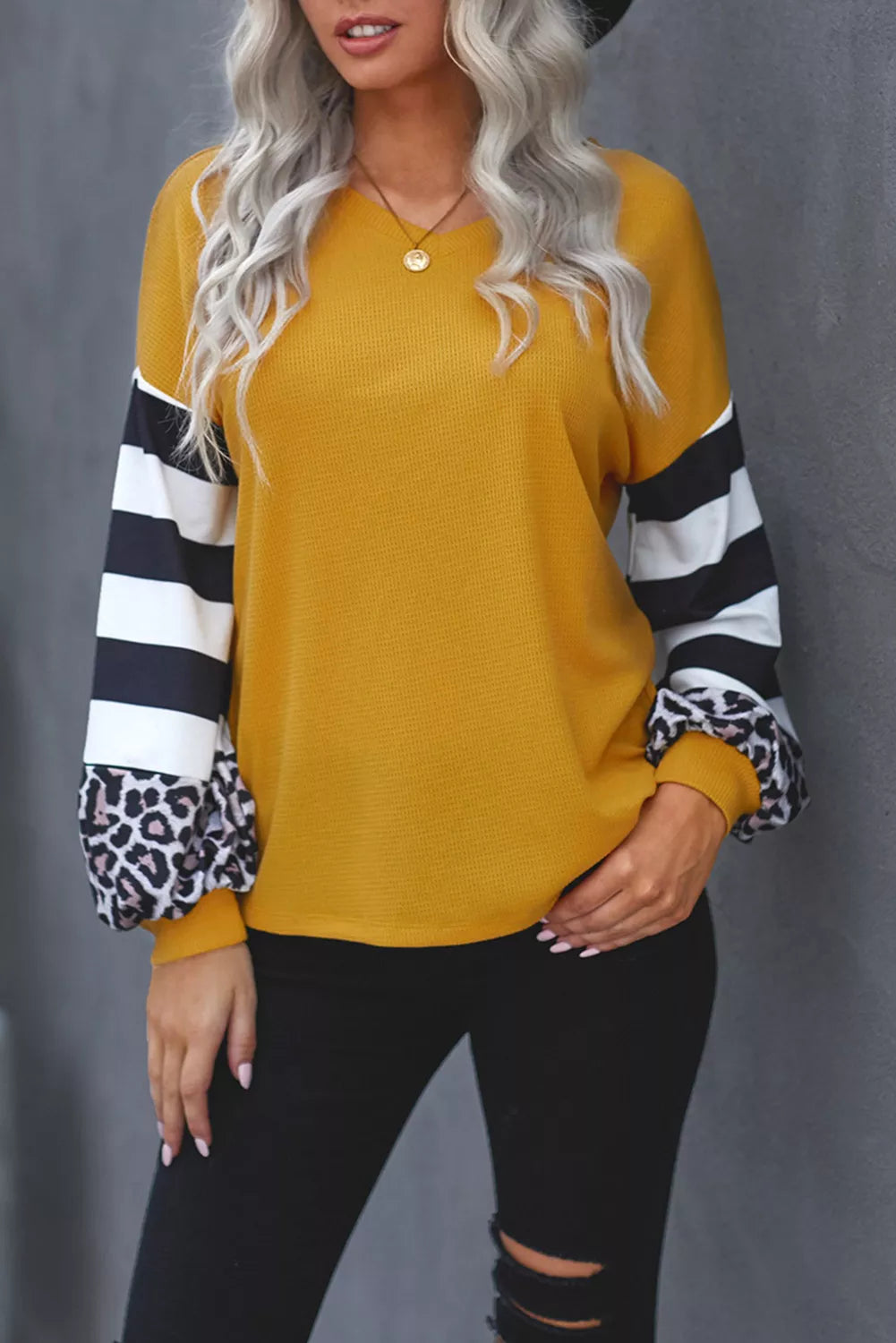 Leopard Stripe Splice Lantern Sleeve Top
