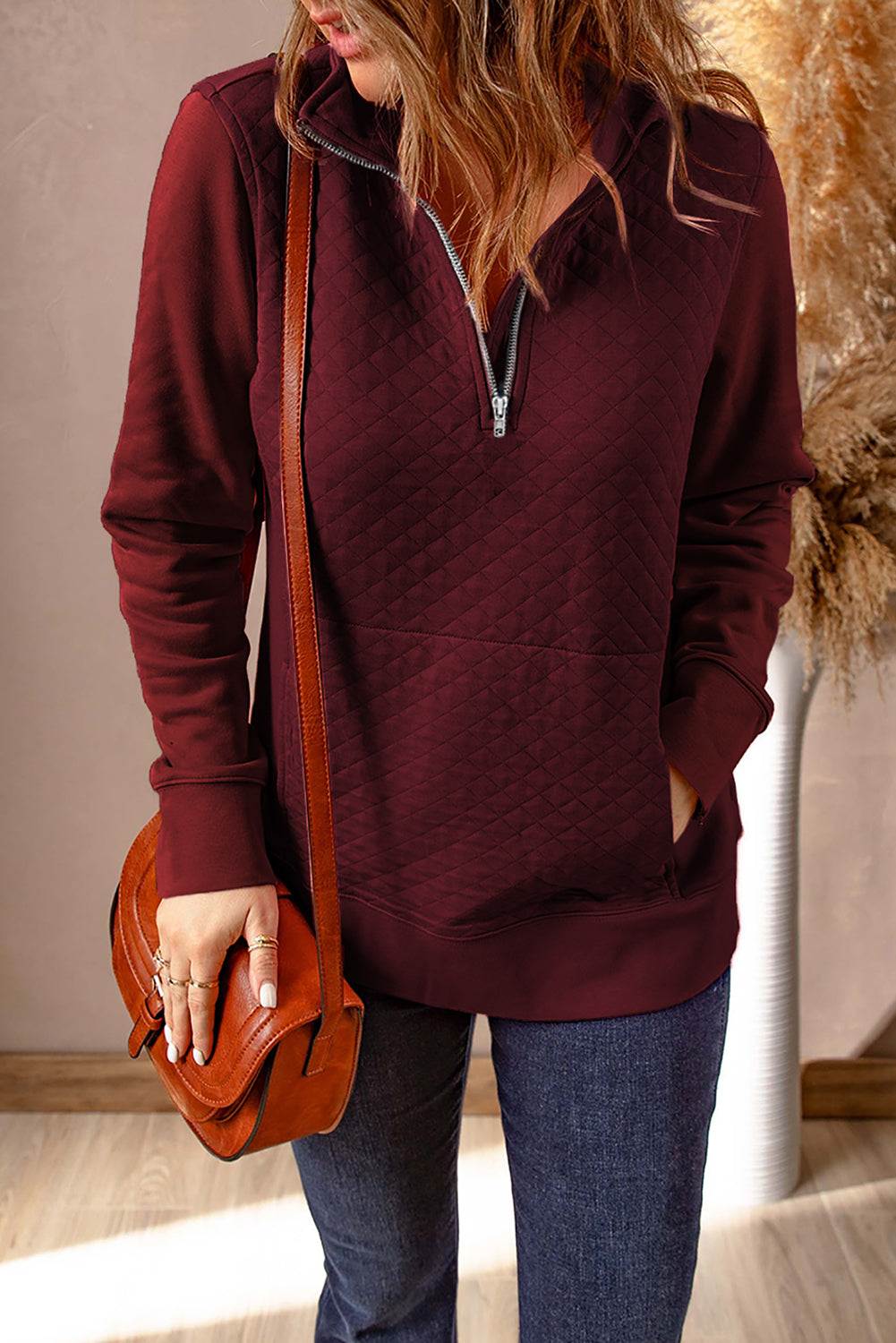 Stand Neck Waffle Zip up Sweatshirt