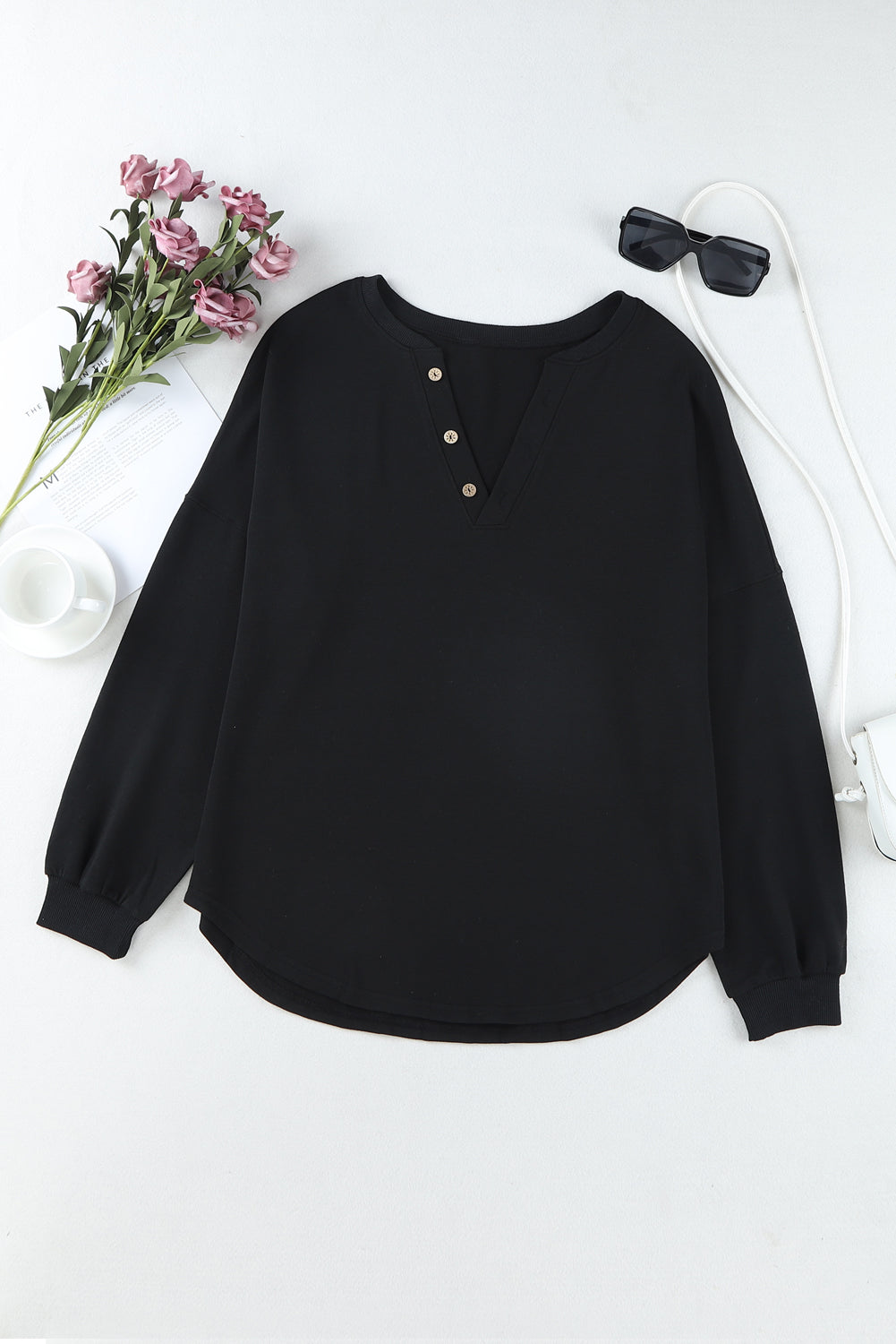 Buttoned V Neck Cotton Loose Fit Top