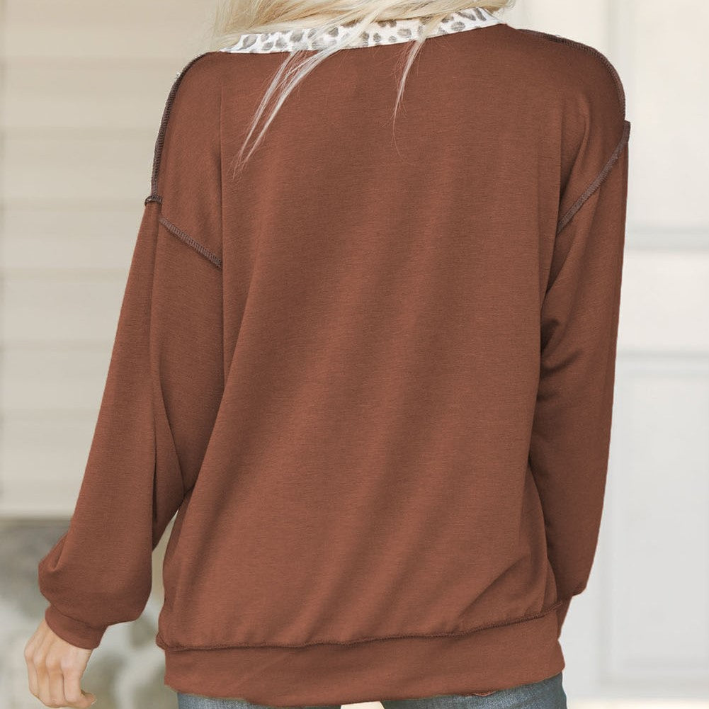 Leopard Patchwork Drop Shoulder Long Sleeve Top