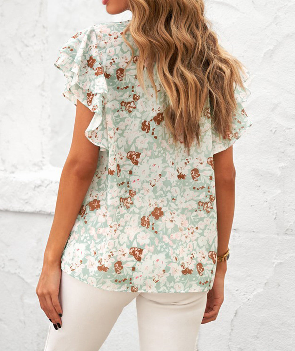 Floral Ruffle Crew Neck Short Sleeve Top