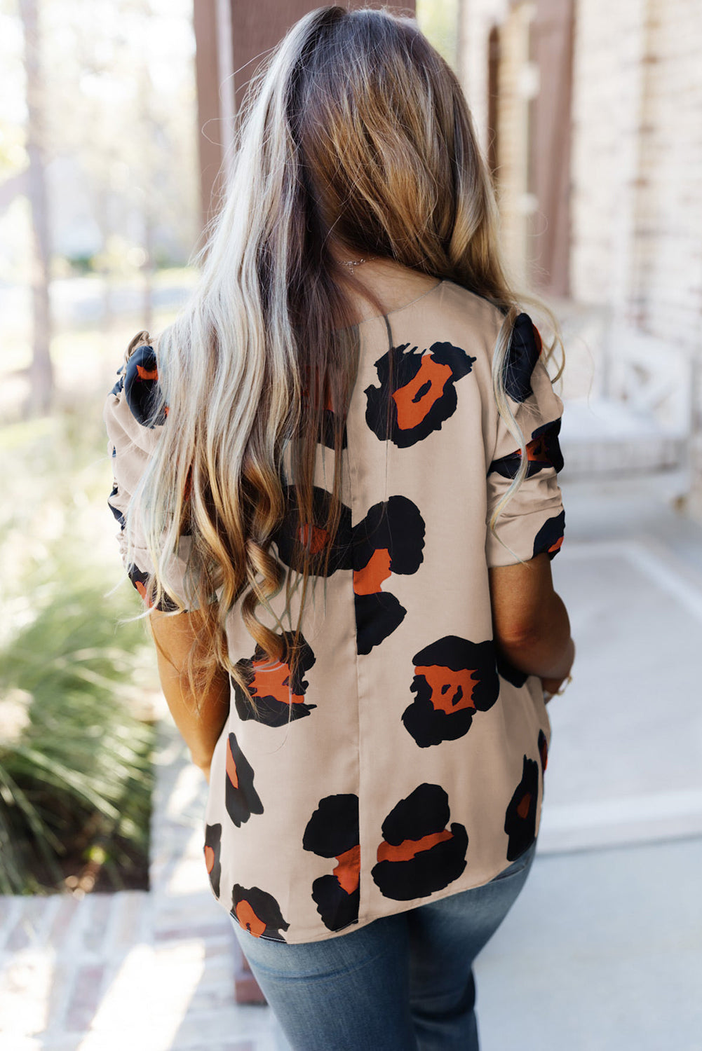 Ruched Short Sleeve Leopard Print Blouse
