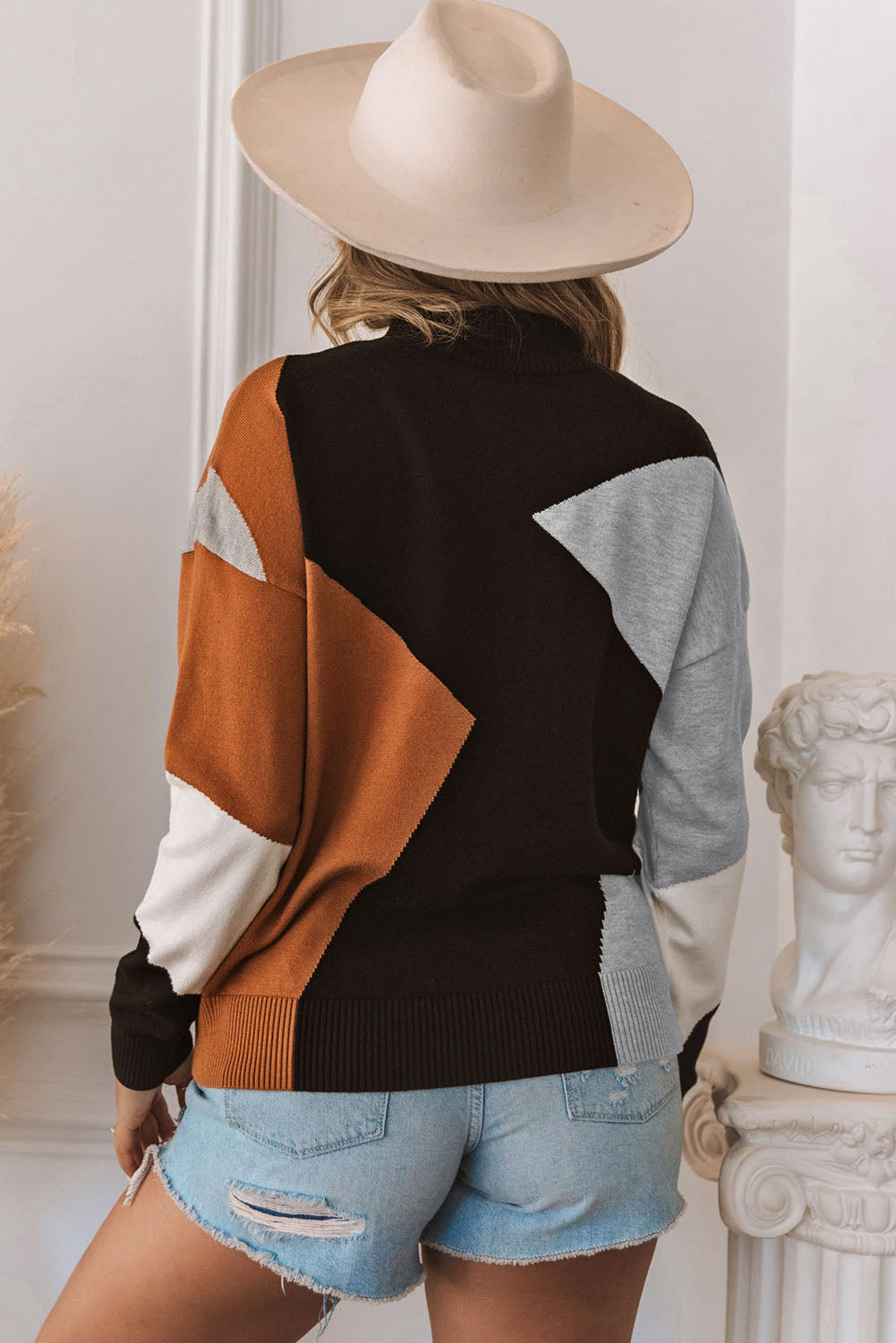 Block Mock Neck Drop Shoulder Knit Sweater