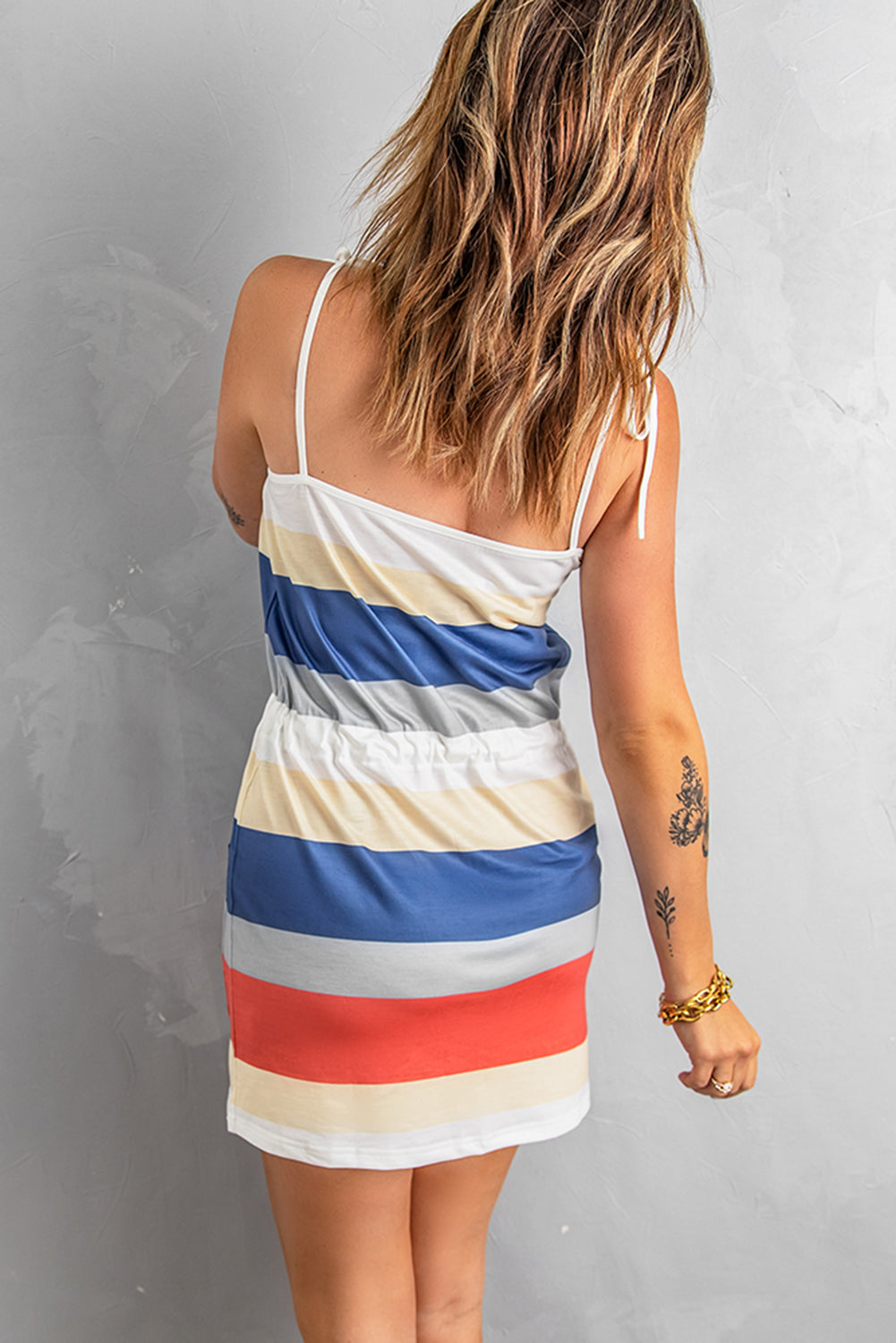 Spaghetti Straps Striped Drawstring Waist Mini Dress