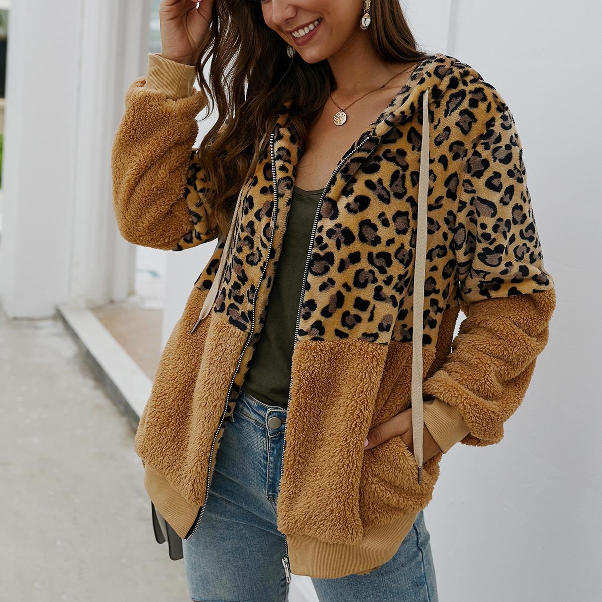Winter leopard print patchwork hooded sweatshirt