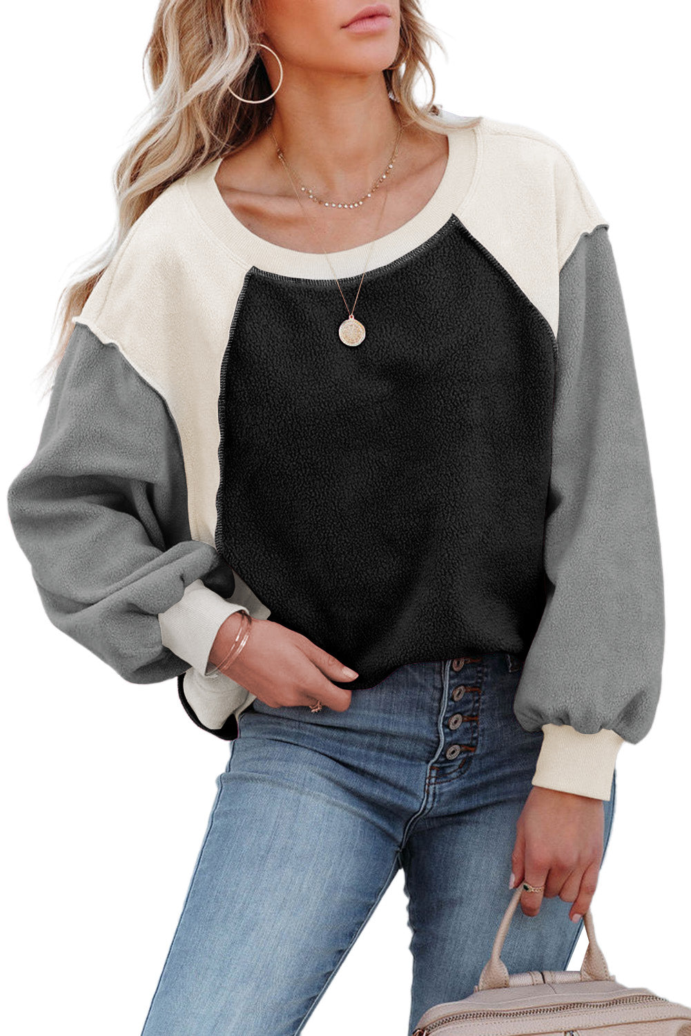 Gray Colorblock Long Sleeve Pullover Fleece Sweatshirt