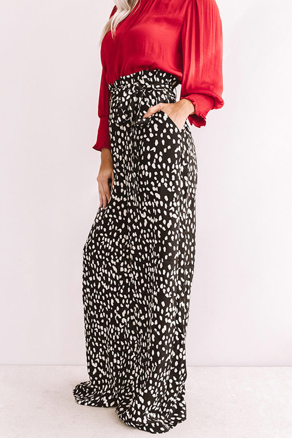 Black Polka Dot Drawstring High Waist Wide Leg Pants
