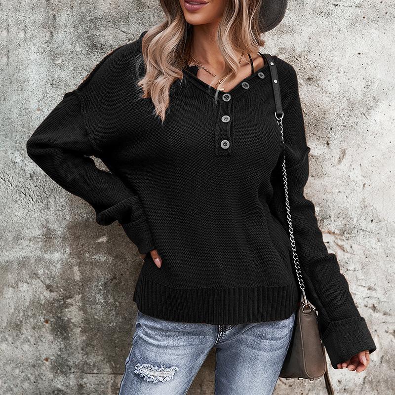 Fall and winter temperament commuter solid color V-neck long-sleeved single-breasted sweater