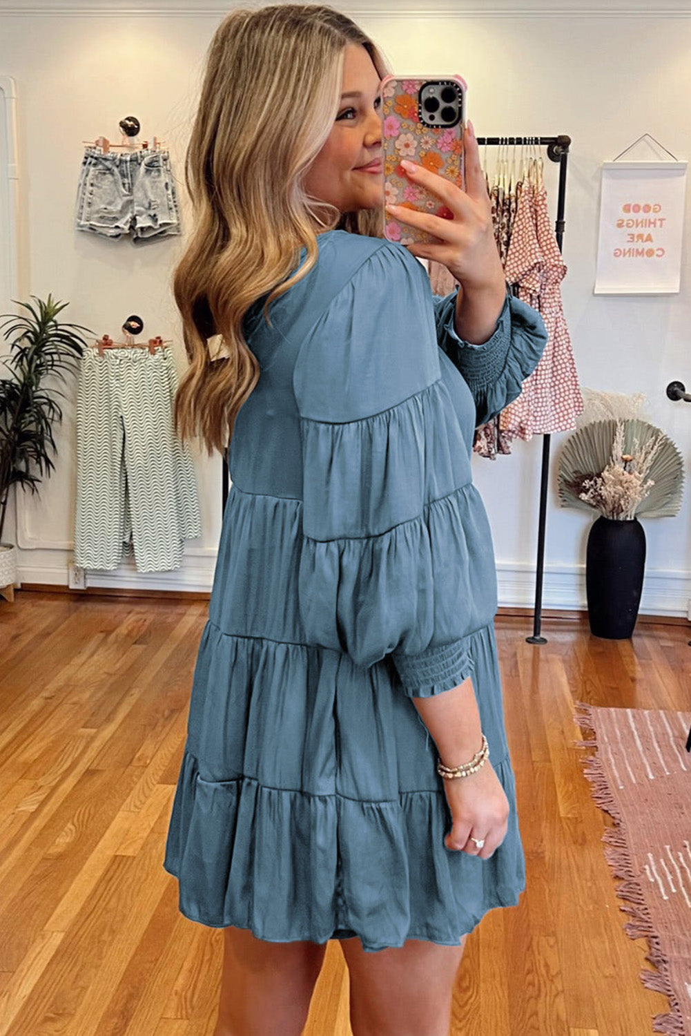 Sky Blue Shirring Tiered Flowy Babydoll Dress