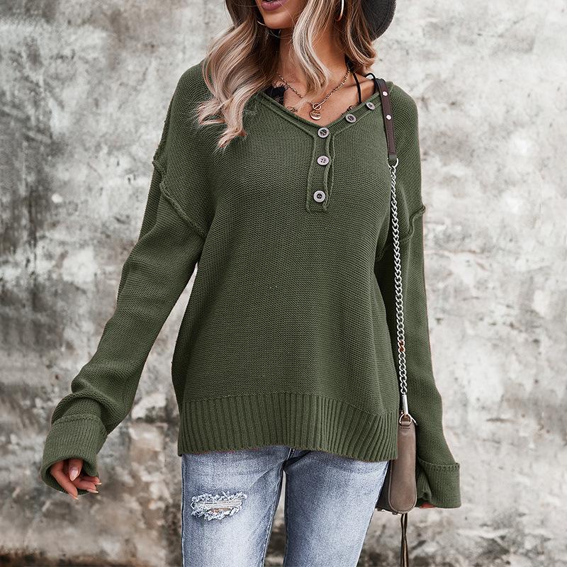Fall and winter temperament commuter solid color V-neck long-sleeved single-breasted sweater