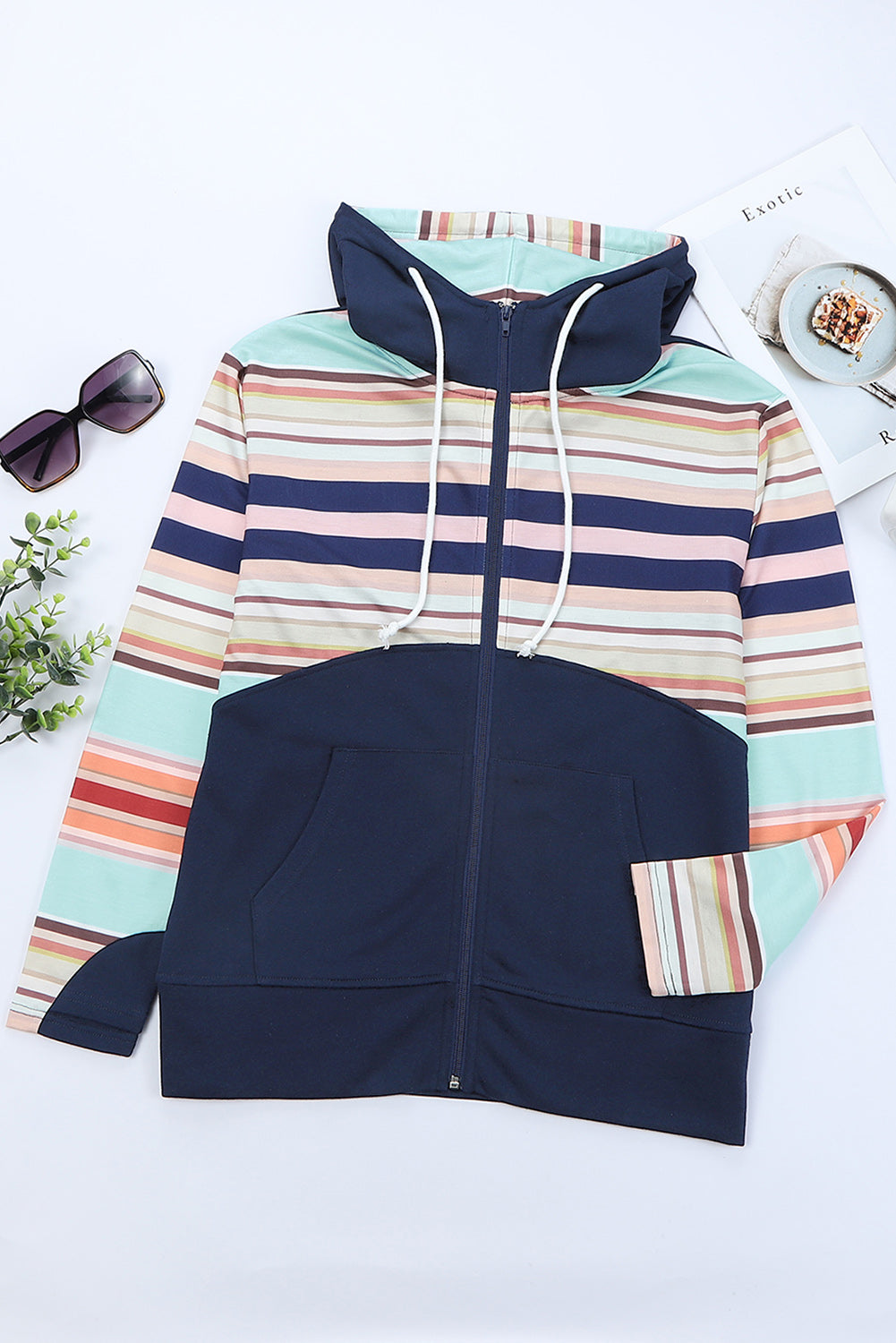 Striped Color Block Thumbhole Sleeve Full Zip Hoodie