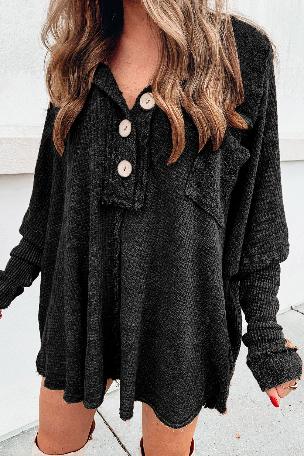 Black Waffle Knit Buttoned Long Sleeve Top