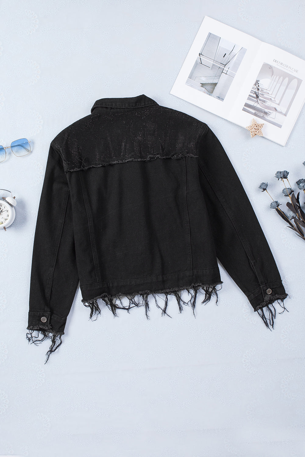 Black Frayed Trim Button Down Denim Jacket