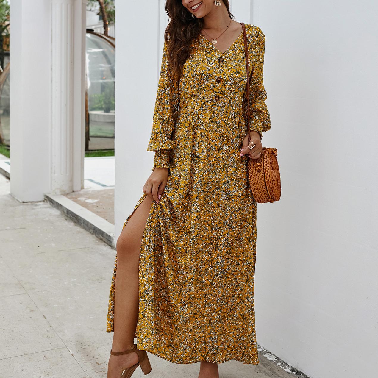 Autumn and winter long-sleeved V-neck floral dress
