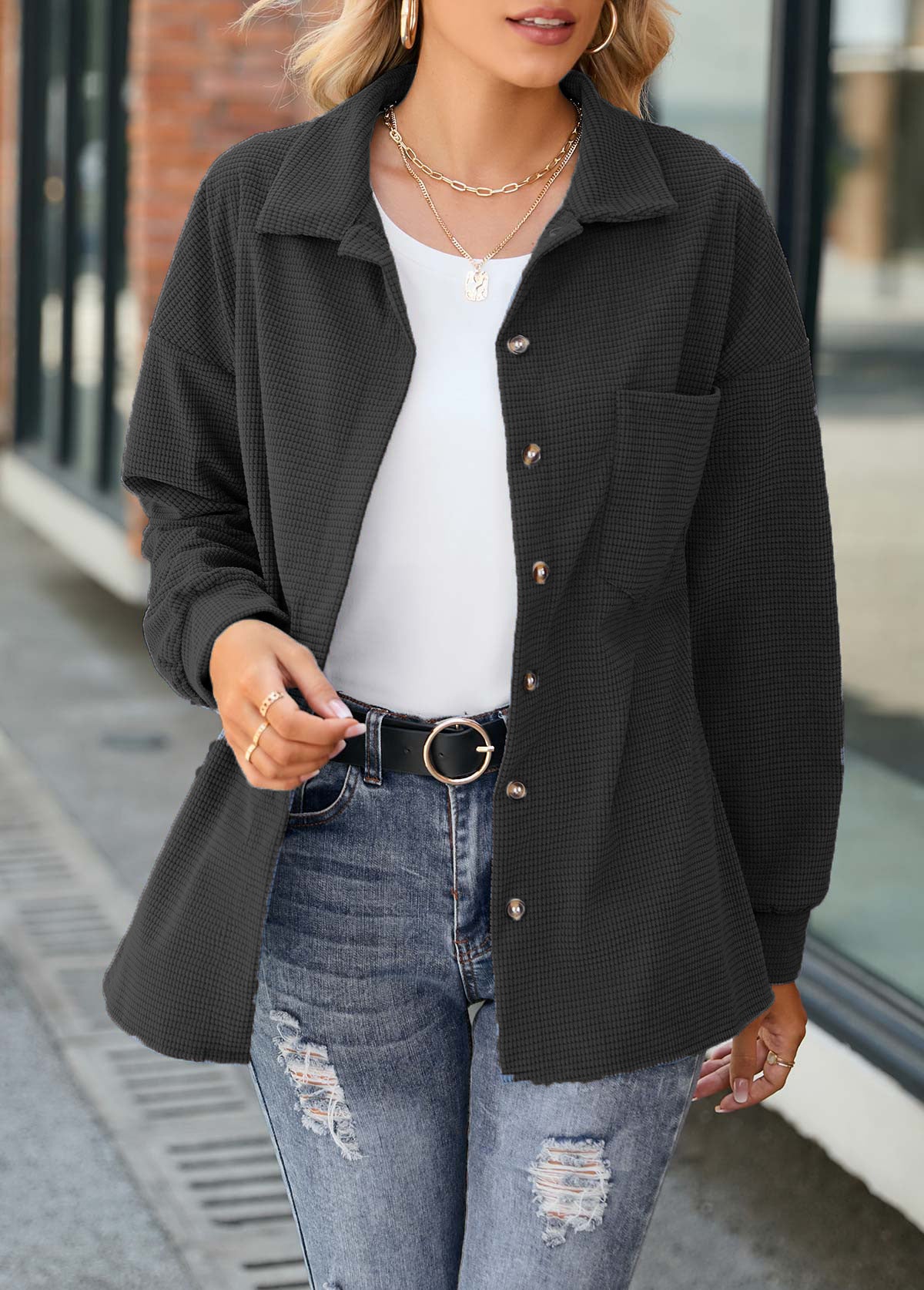 Solid Color Loose Fashion Button Long Sleeve Cardigan Jacket