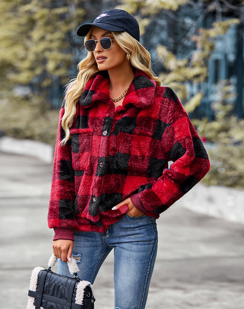 Chest Pockets Flannel Plaid Coat