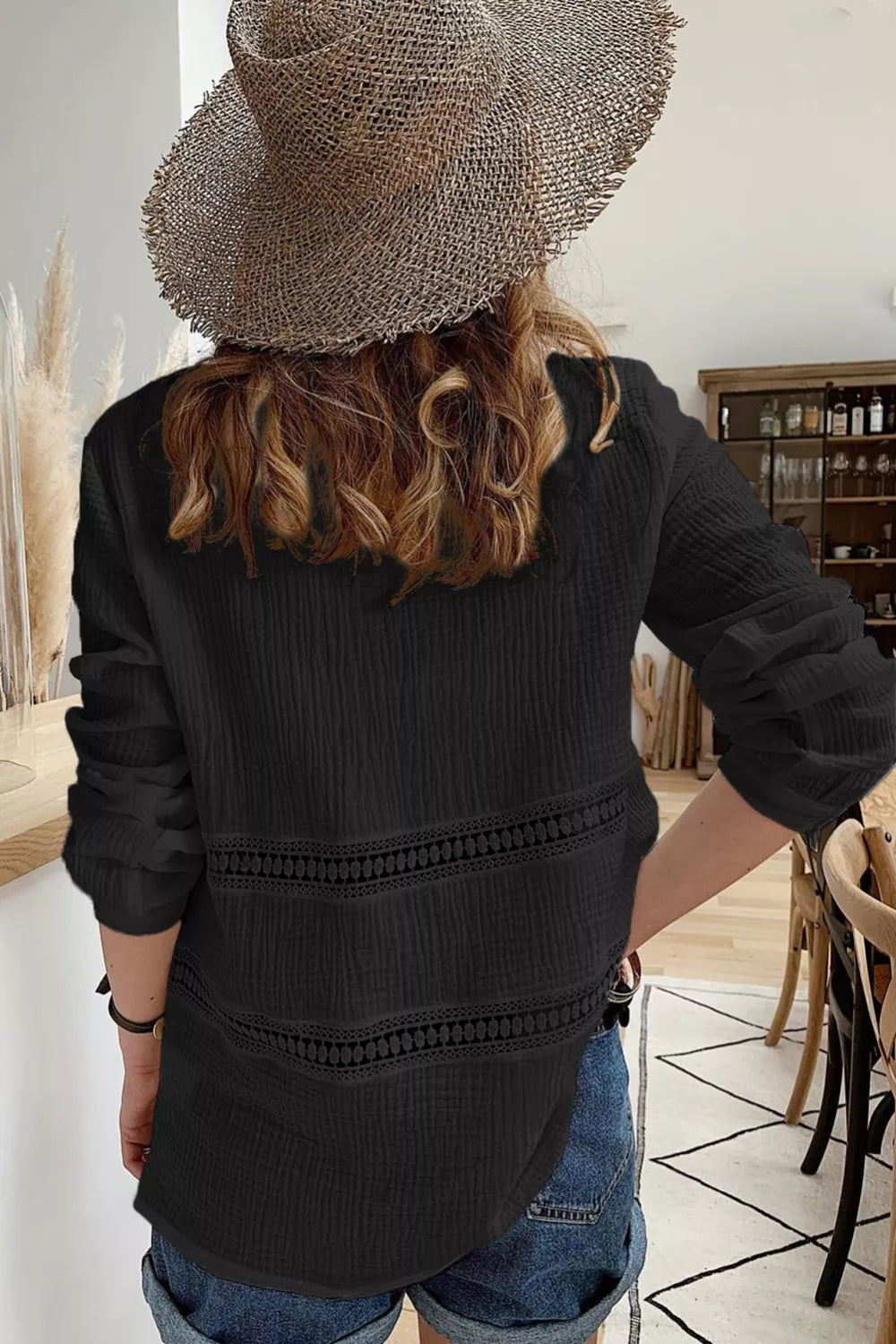 Long Sleeve Crochet Insert Crinkle Blouse