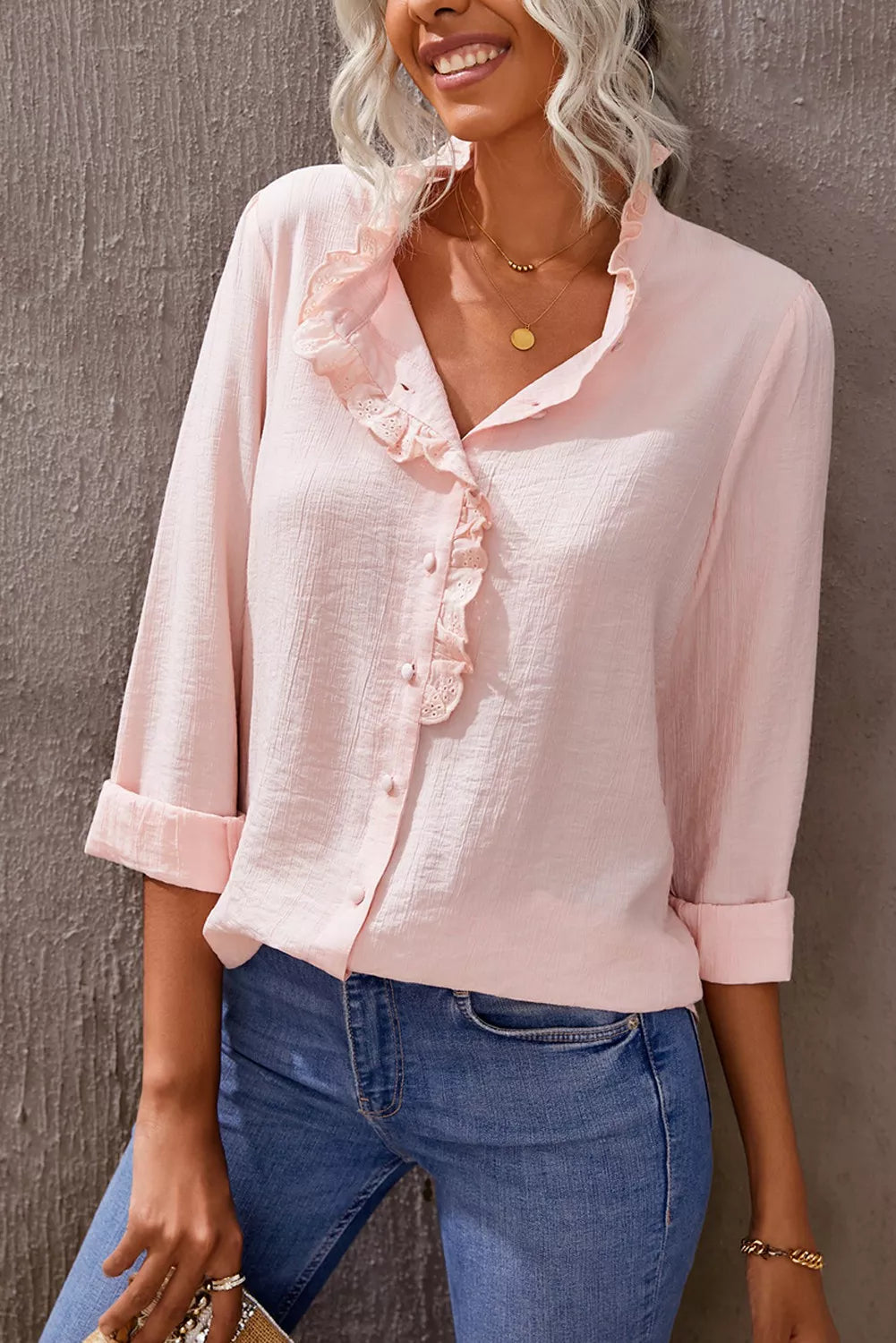 Eyelet Ruffles Button Crinkled Shirt