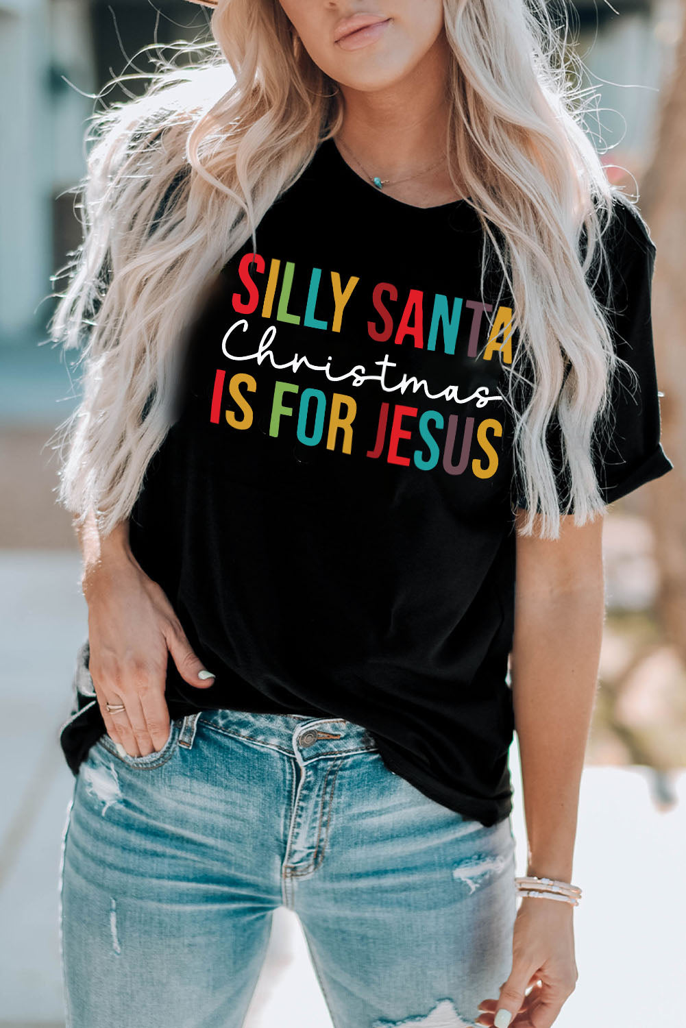 Black Silly Santa Christmas is For Jesus Short Sleeve T Shirt