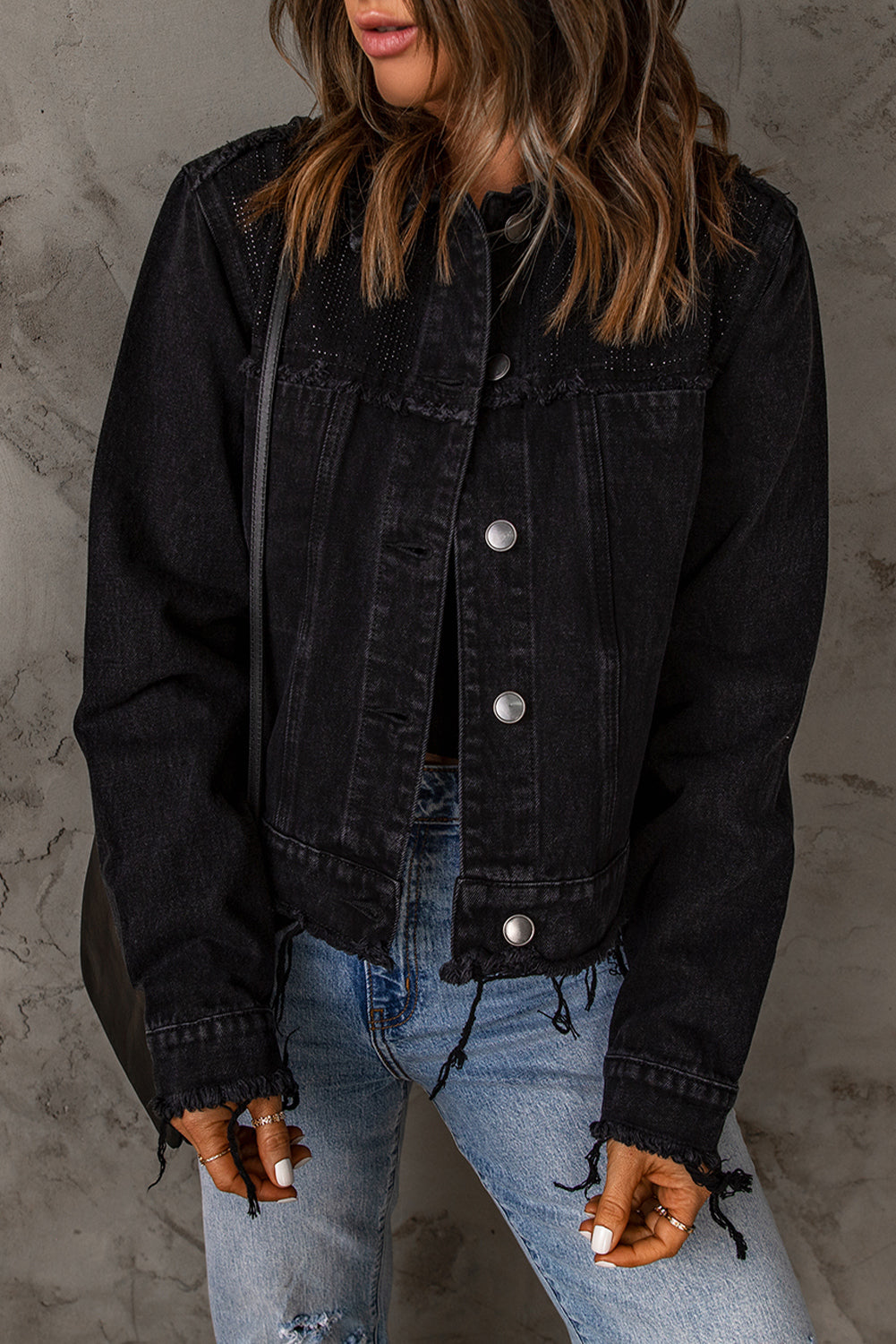 Black Frayed Trim Button Down Denim Jacket