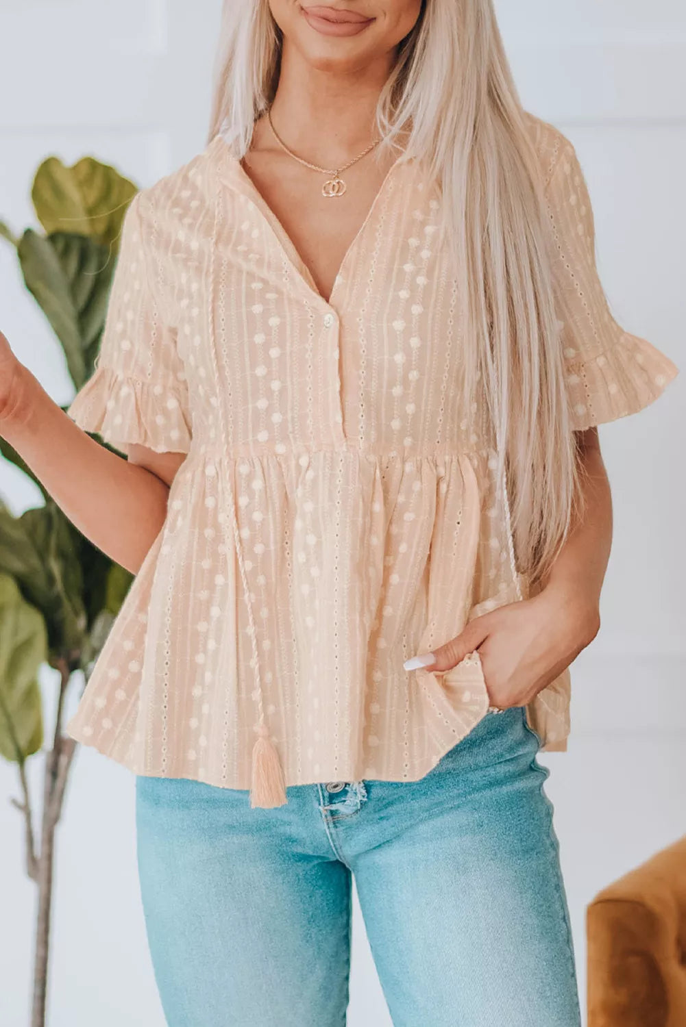 Split V Neck Print Babydoll Top