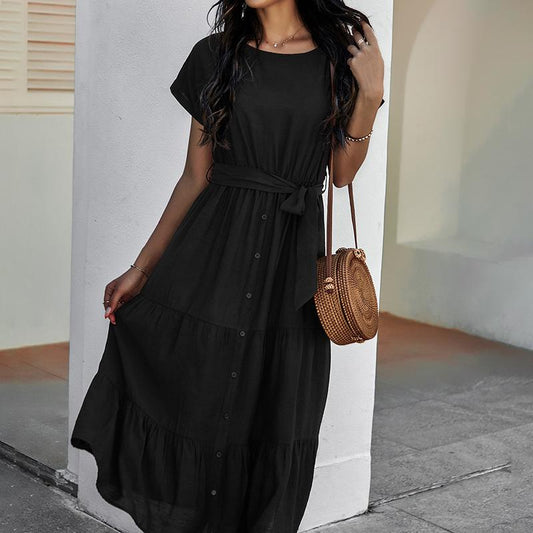 Spring and summer bundle waist simple solid color dress