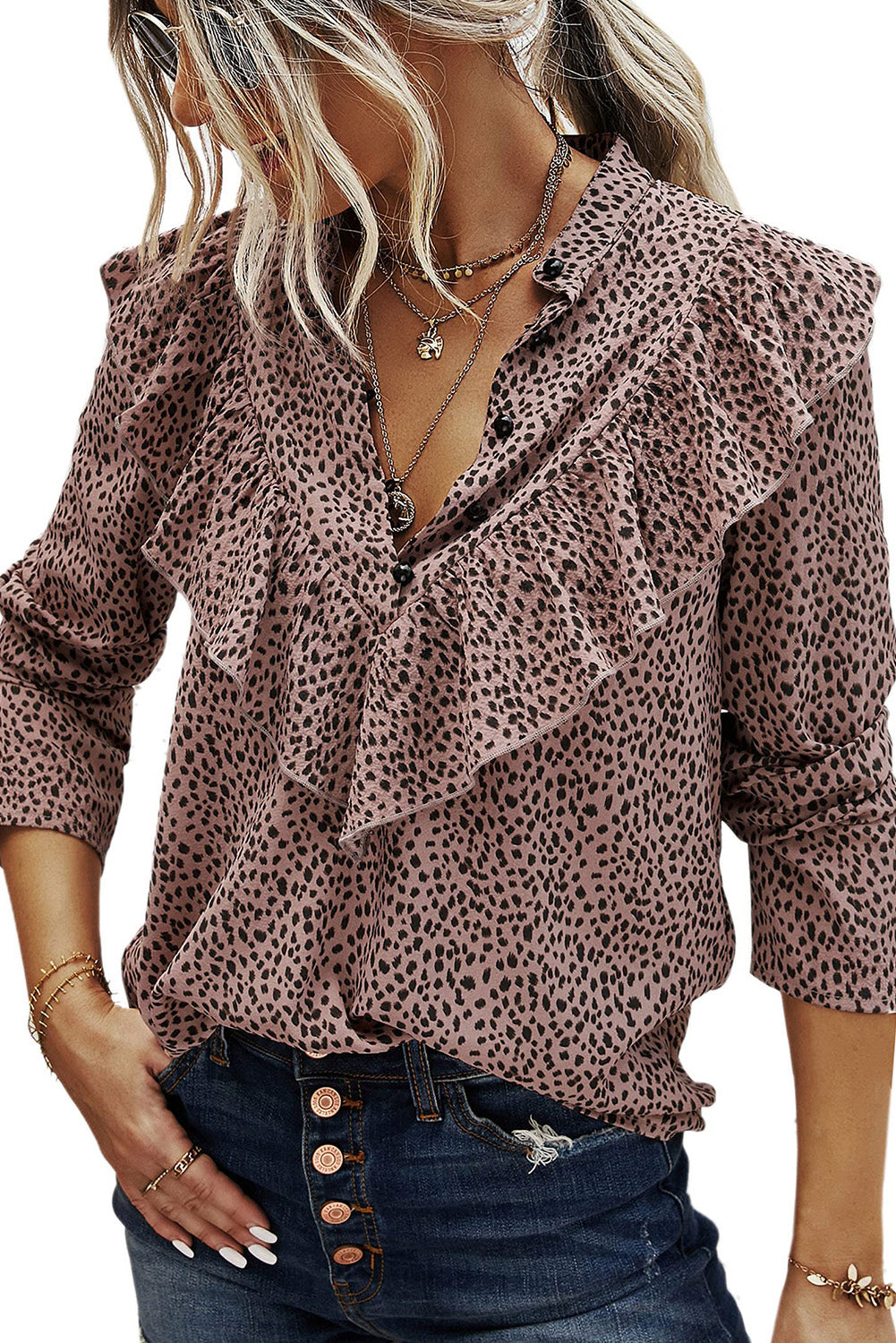 Leopard Print Long Sleeve Ruffle Loose Blouse